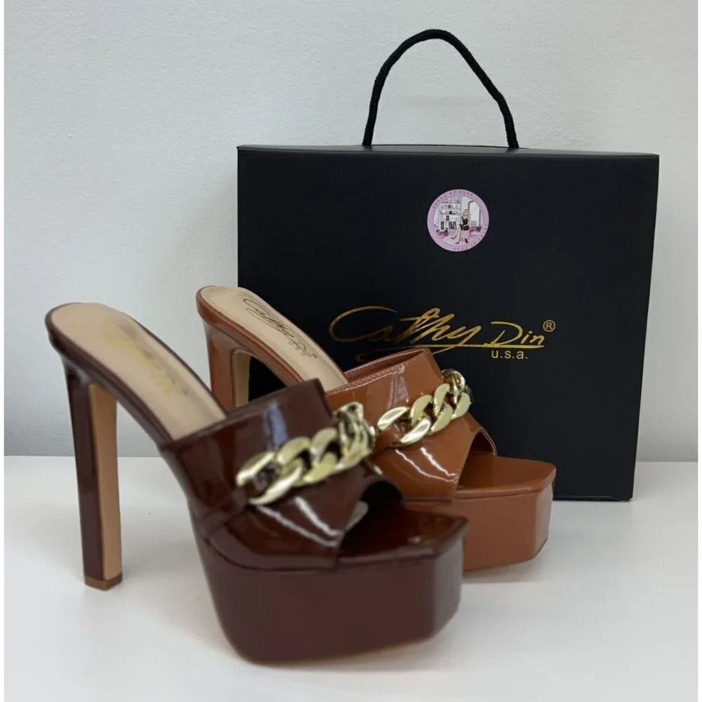 CATHY DIN / Kaiaa-7 / Brown Patent Leather / Platform / High Heel / Sandals With - Picture 7 of 8